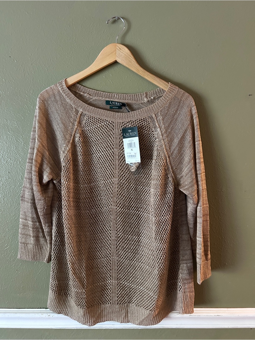Ralph Lauren Open-Knit Crochet Linen Boho Quiet Luxury Sweater Beige XL